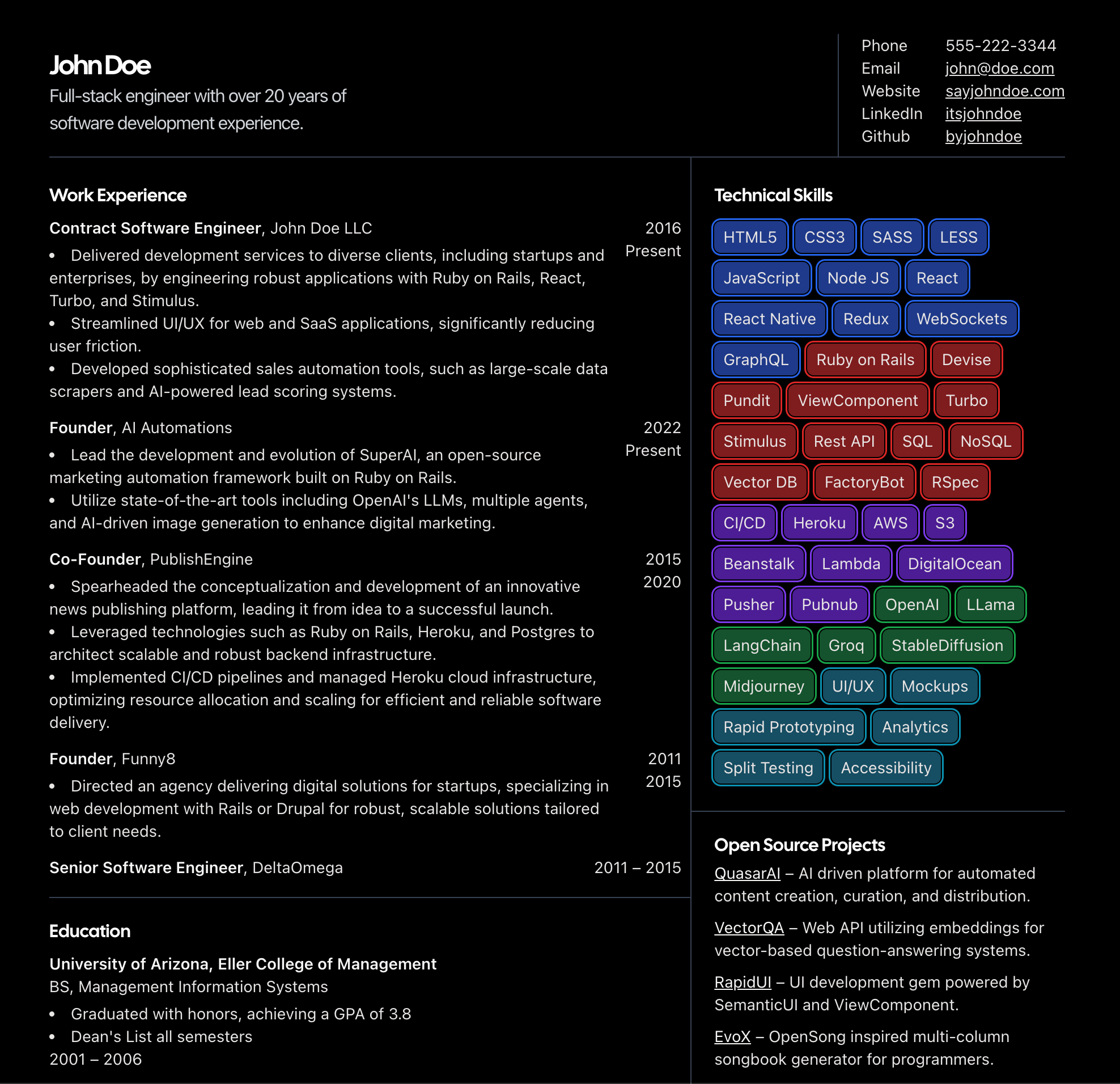 Dark Mode Developer Resume Screenshot